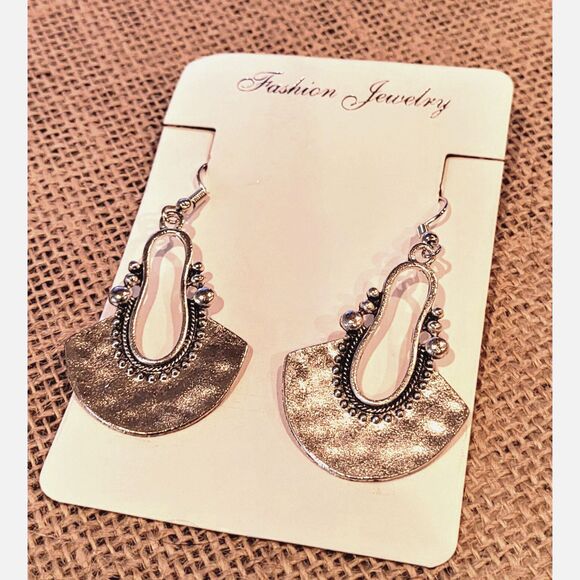 1-1/2" Tribal Fan Dangle Aluminum Alloy French Wire Earring Silver Lightweight - Picture 4 of 5